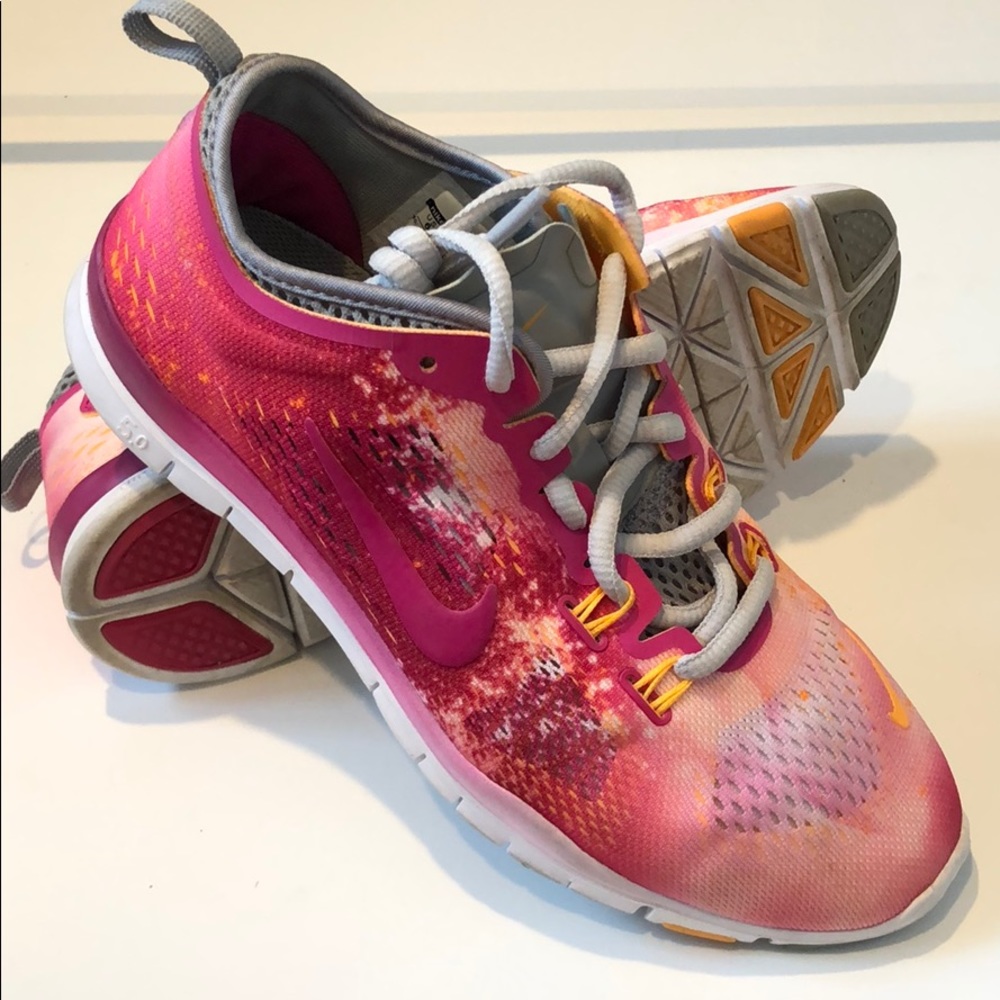 Nike Women's Pink and Yellow Gradient Running Sneakers